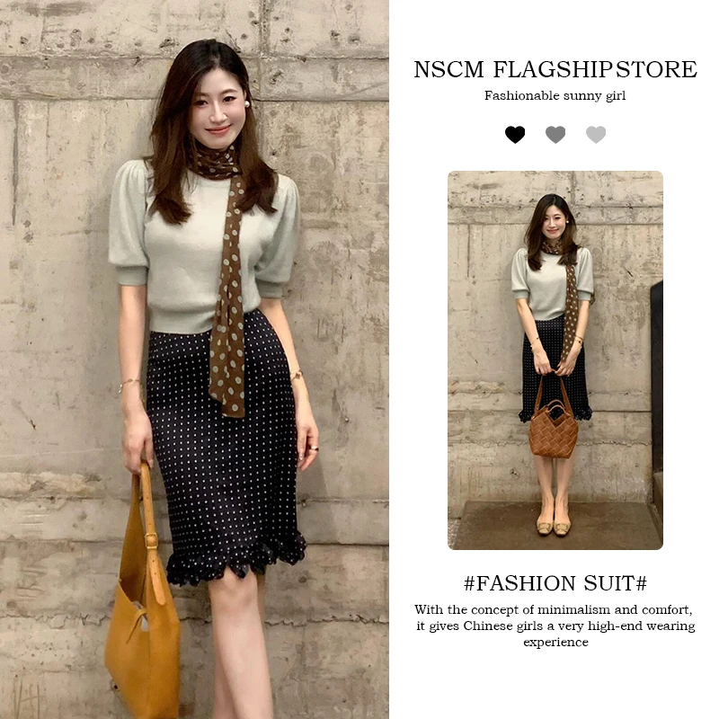 NSCM初秋新款洋气衣服女法式慵懒风松弛穿搭短袖上衣波点半身裙