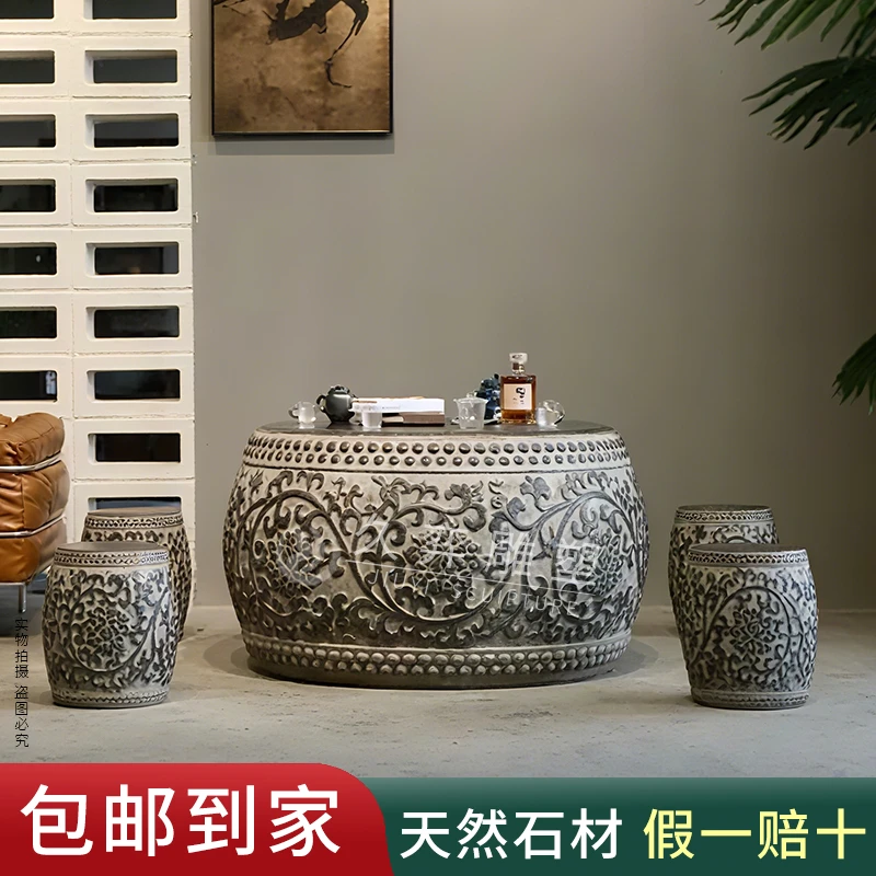 石桌石凳户外庭院天然整石雕刻工厂批发石头桌子别墅花园桌椅石桌