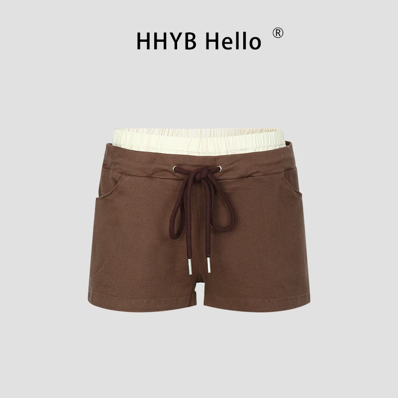HHYB Hello2025夏季新款时尚百搭低腰拼接抽绳休闲短裤女Q254161