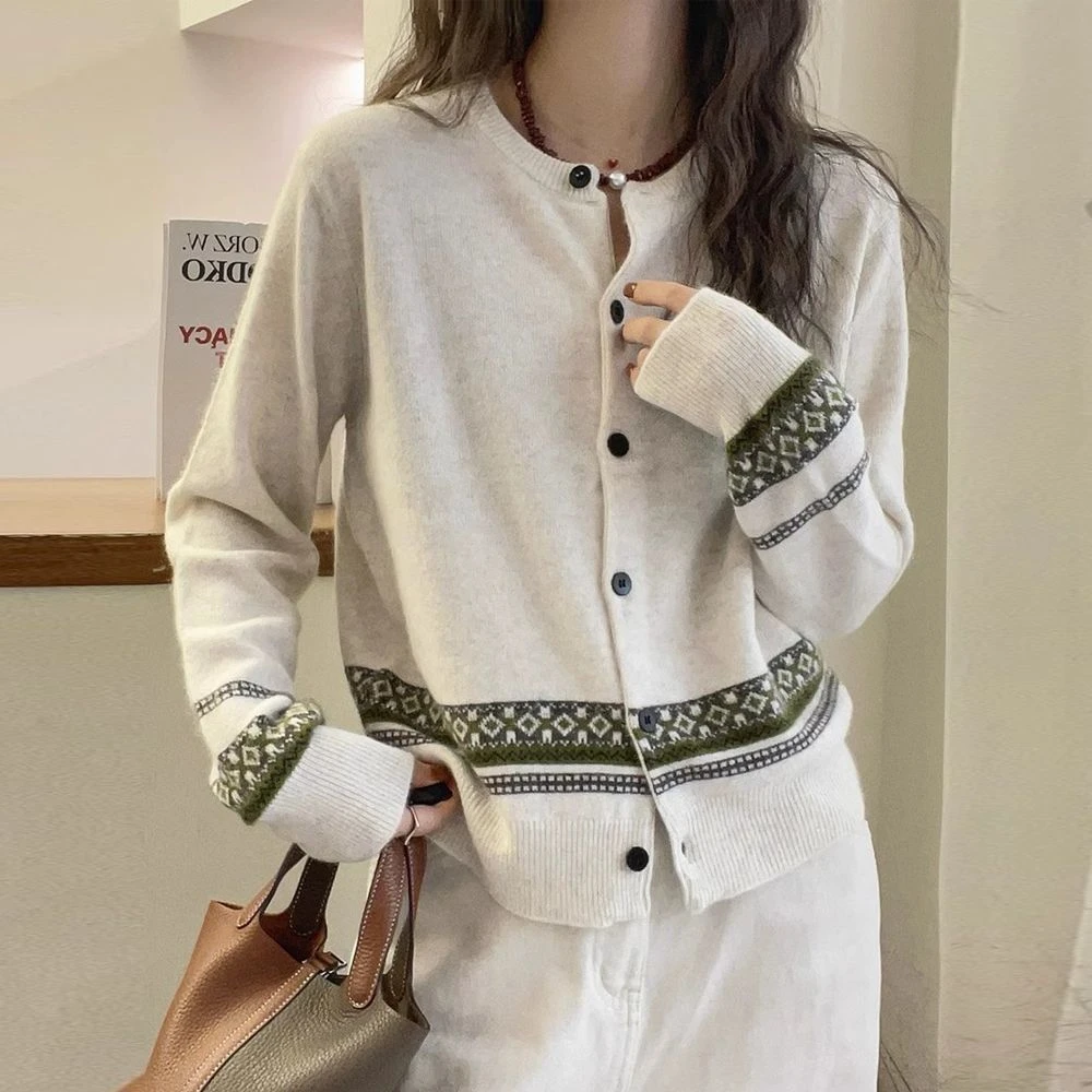 秋冬季新款复古圆领长袖针织提花开衫毛衣女宽松简约休闲百搭外套