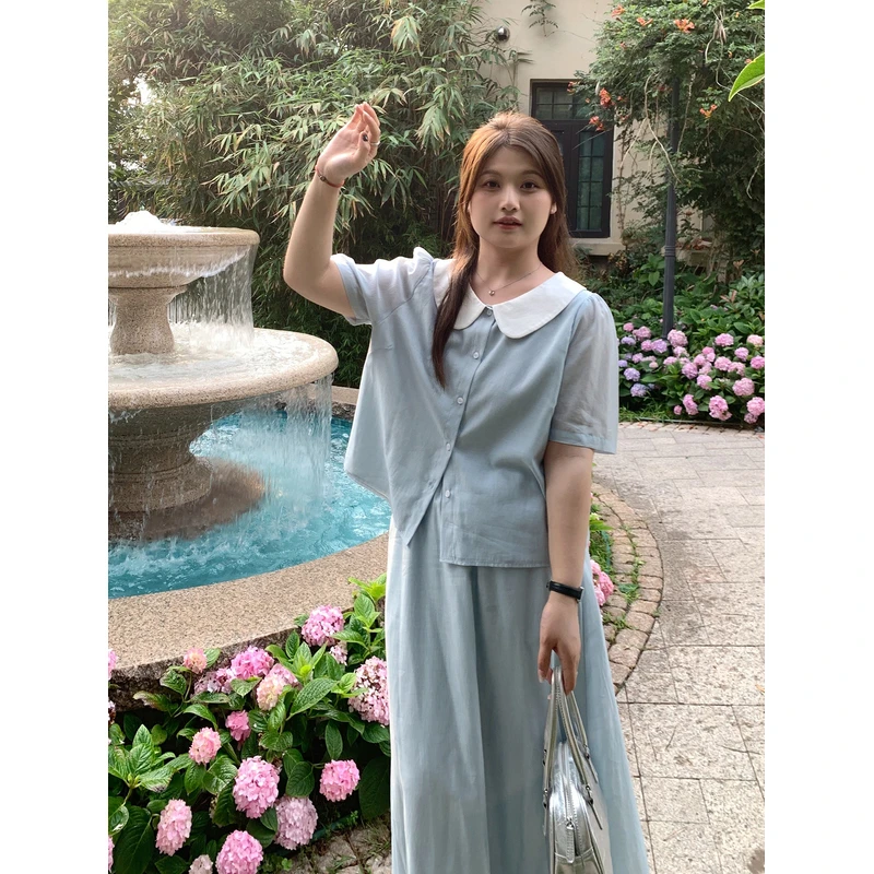 【ALINDM年终大清仓】胖mm短袖小衫200斤中长款A字半身裙AS25643