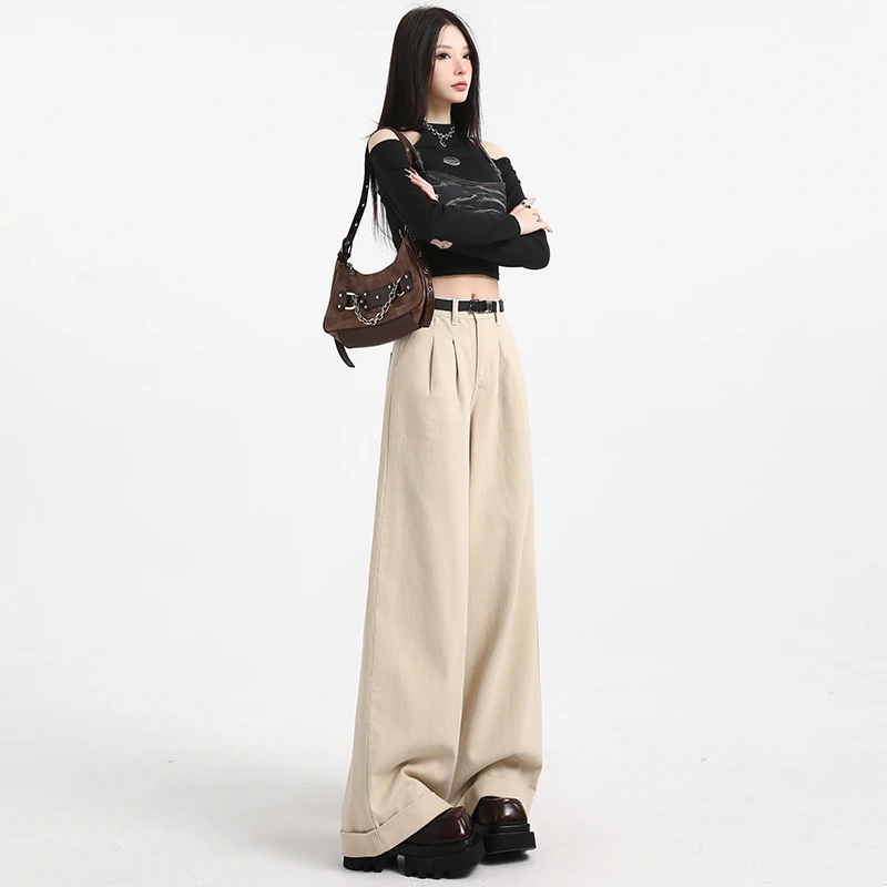 【送腰带】褶皱高腰阔腿牛仔裤女2025年春季新款休闲百搭直筒拖地裤