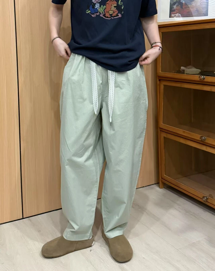 Sevbasks 七七家韩版 翠绿色休闲蕾丝抽绳休闲直筒裤