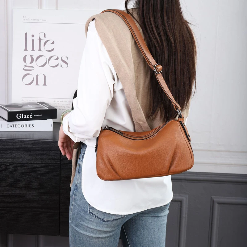 双拉链宽肩带休闲包放雨伞水杯自然摔纹头层牛皮大容量单肩斜挎包