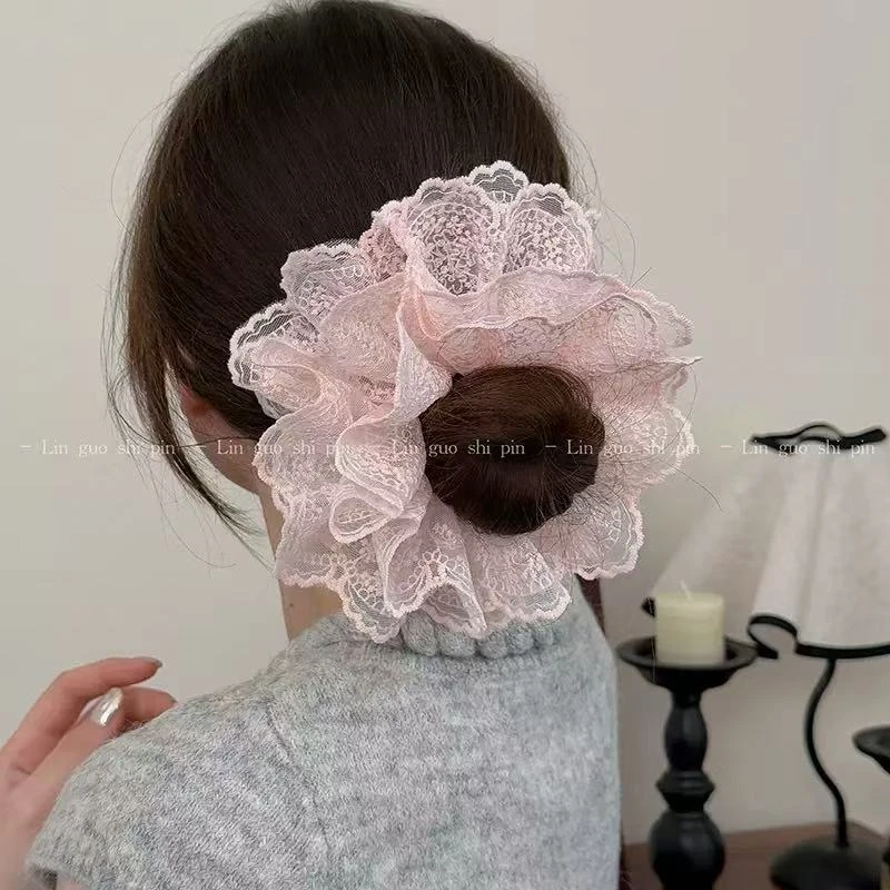 春季新款蕾丝大肠发圈奶油白花边仙女发绳扎头发