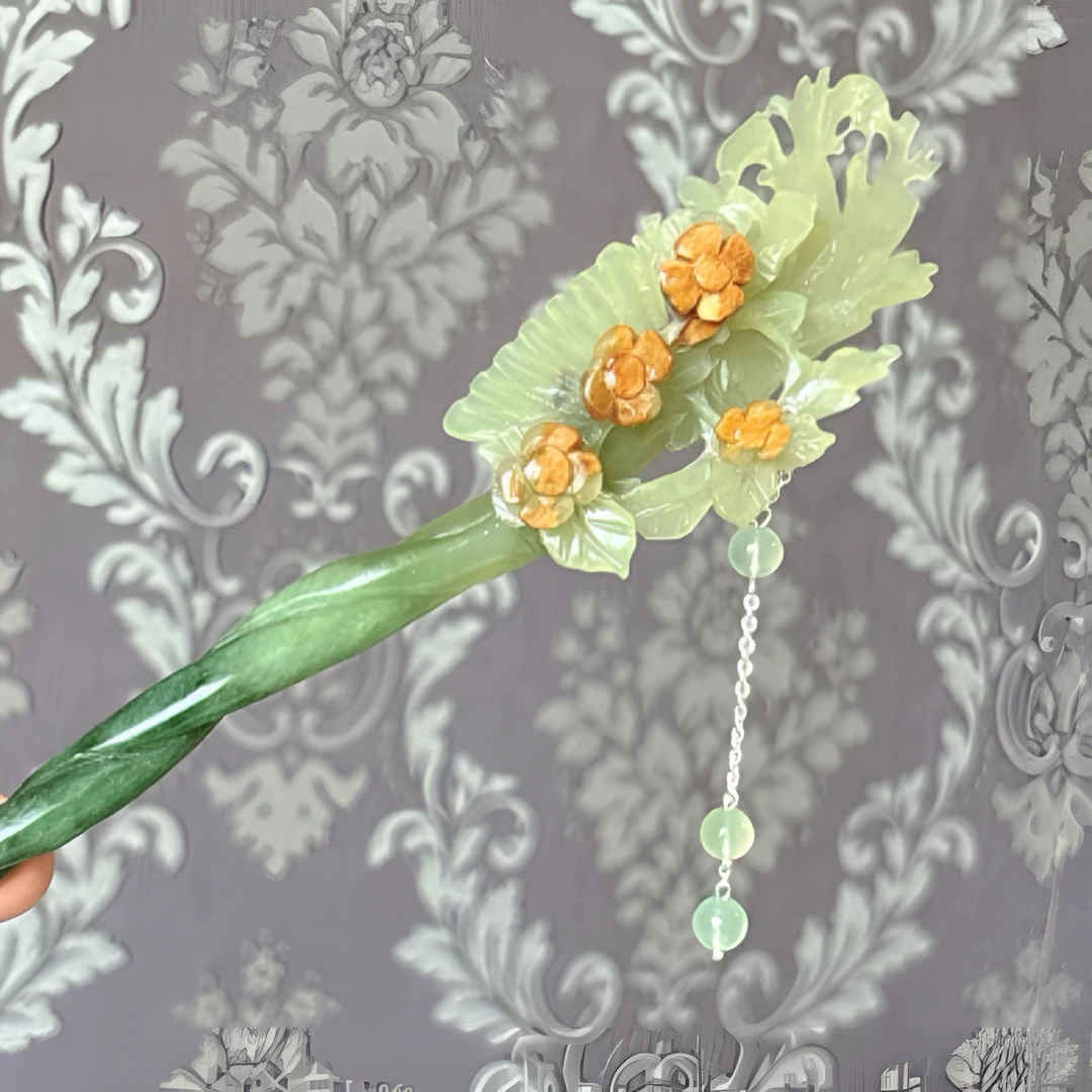 岫玉蛇纹石玉花玉梅花扇发簪 杆长13.5cm 默认微瑕 no退no换
