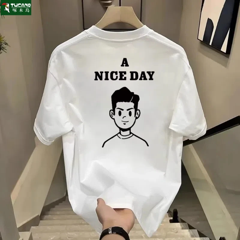 啄木鸟纯棉短袖t恤男士夏季潮流半袖青年宽松圆领休闲上衣男体恤