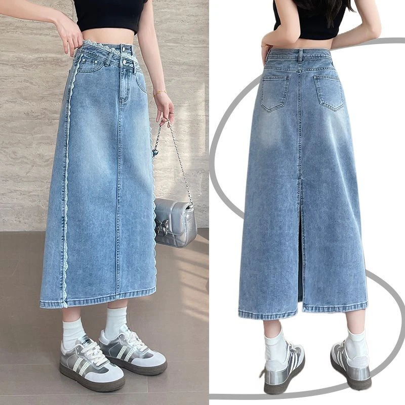 老钱风松弛感女装贵气K复古高腰显瘦开叉裙牛仔半身裙女2025新款
