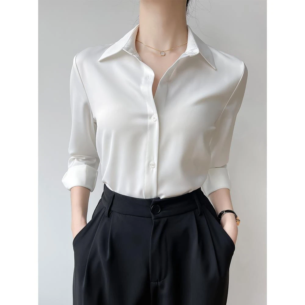 【格蓝度官方旗舰店】缎面白色衬衫女春秋季通勤职业公务员面试衬衣