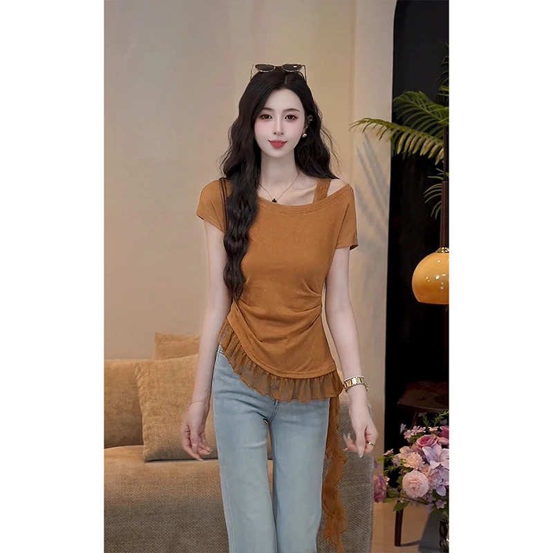 YUANLIANSU/圆脸酥【花颜似玉】法式设计感小众别致短袖显瘦T恤女