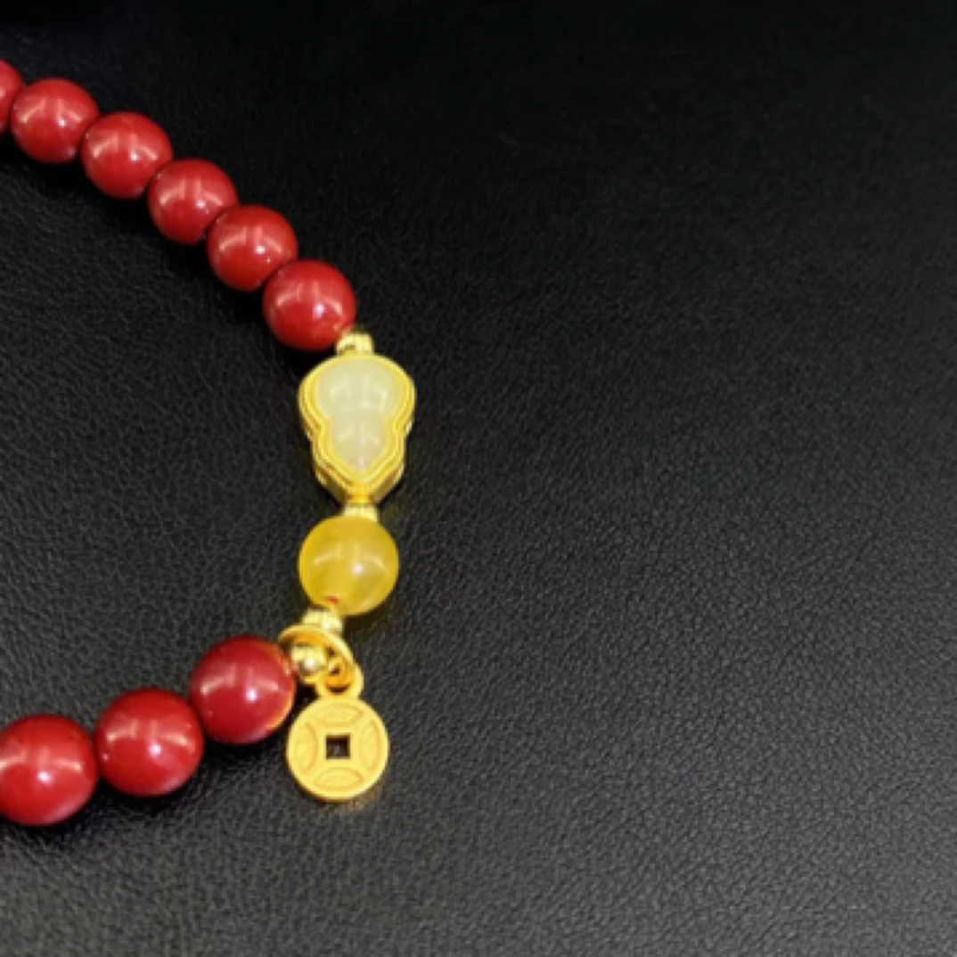 天然辰砂辰砂带玉葫芦招财手串