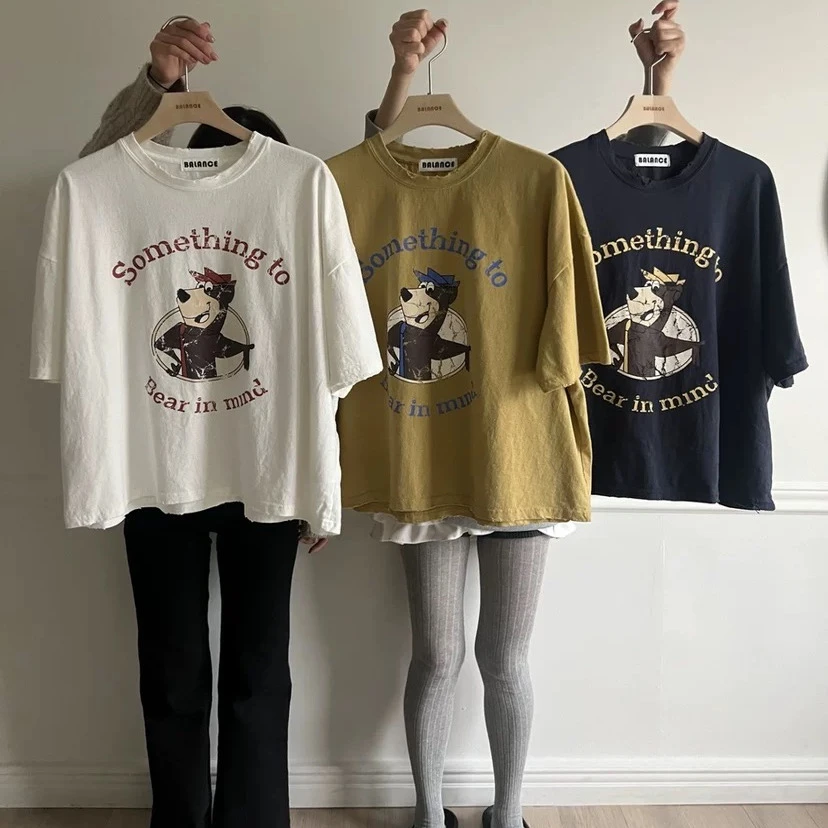 现~balance韩国东大门代购2025春夏宽松时尚破洞卡通小熊短袖T恤