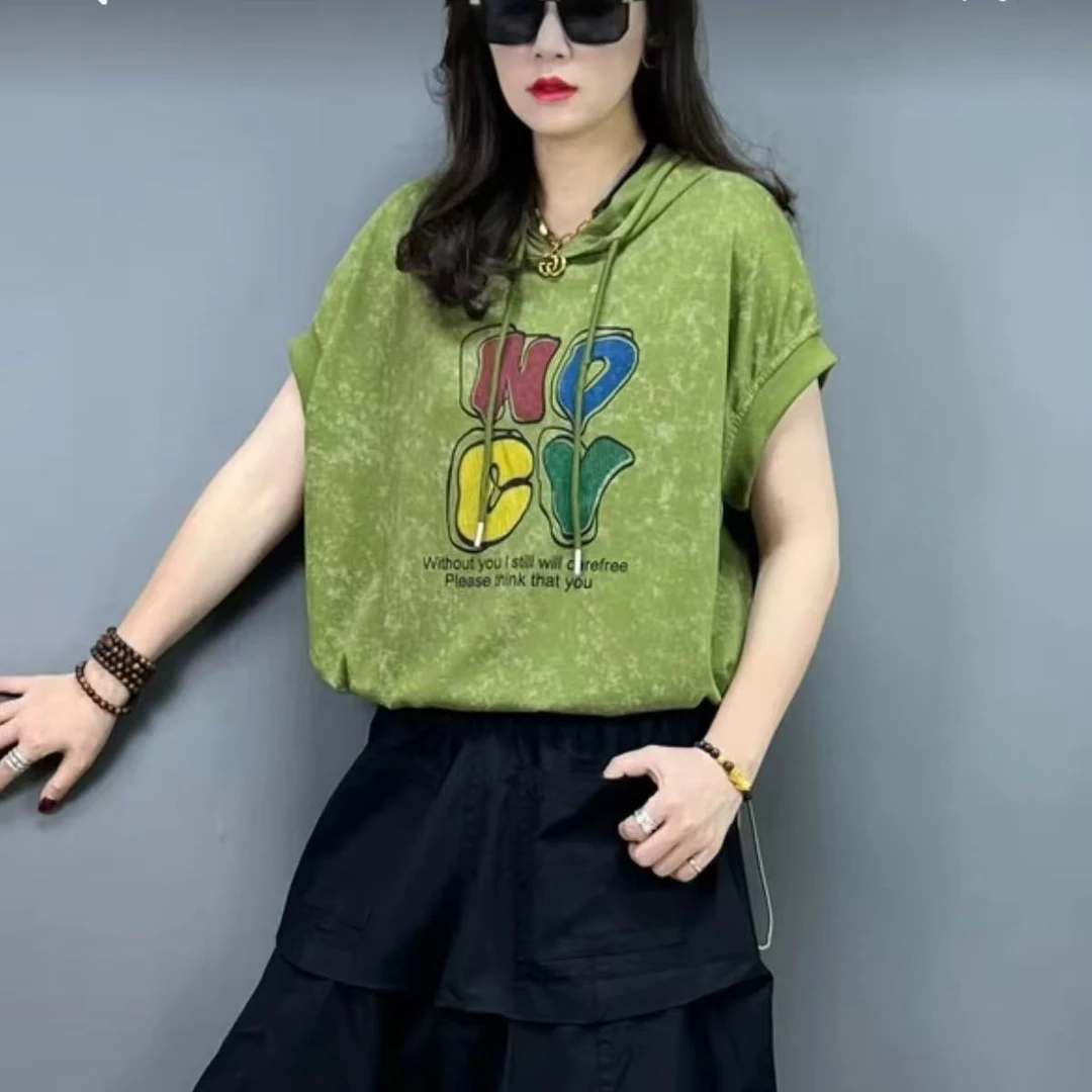 减龄连帽宽松卫衣短袖彩色字母下摆带抽绳个性时尚洋气百搭上衣