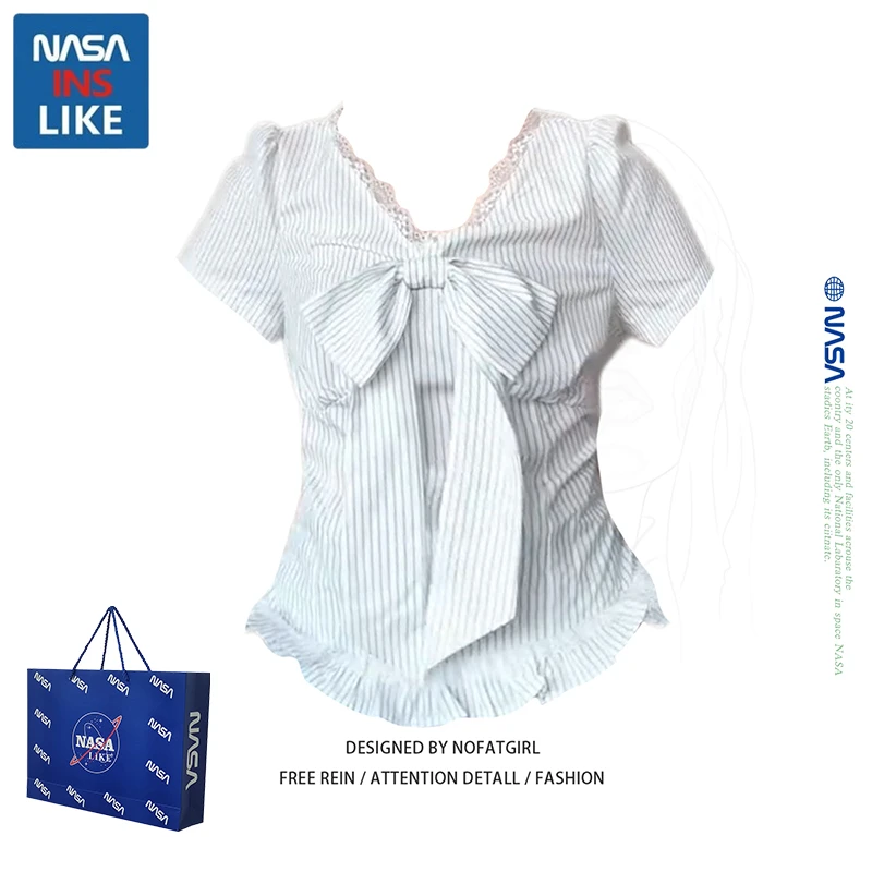纯欲蝴蝶结条纹衬衫女夏季法式设计感修身蕾丝V领衬衣短款小上衣