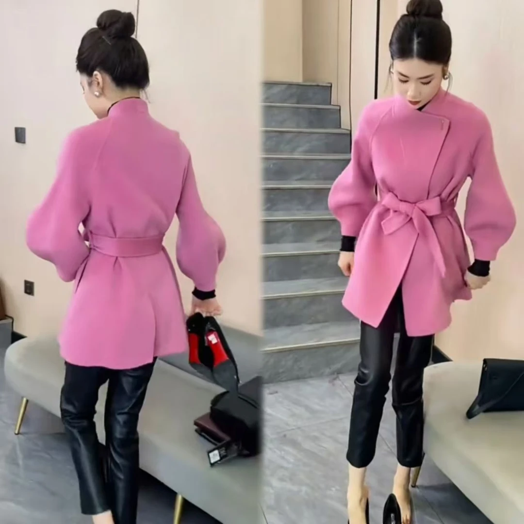 网红爆款小个子时髦气质外套女2025春季新款粉色显瘦中长款大衣潮