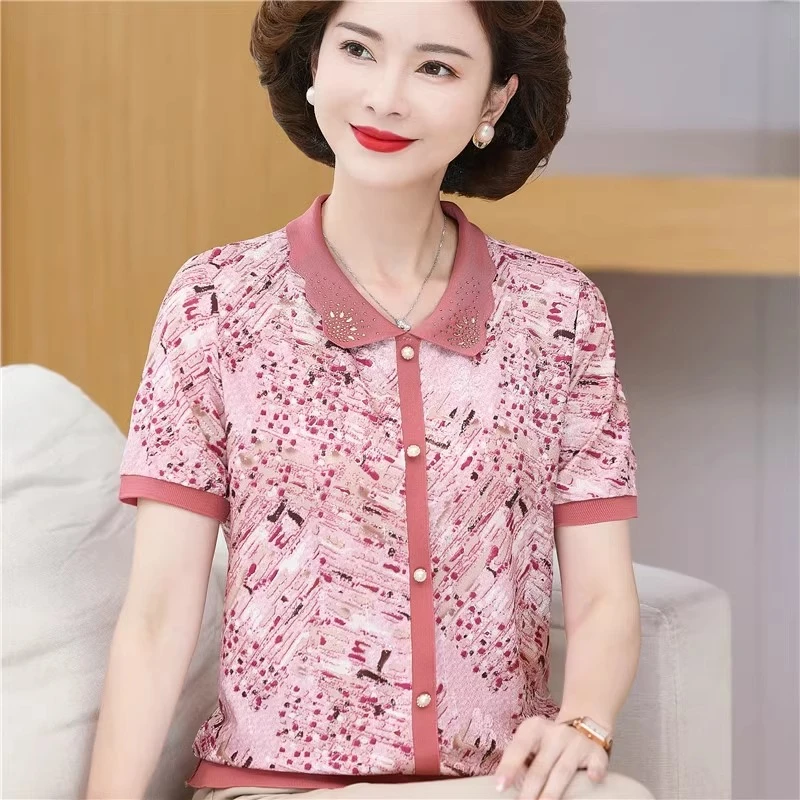 中年女大码夏装短袖T恤2025新款妈妈夏季上衣中老年洋气冰丝小衫