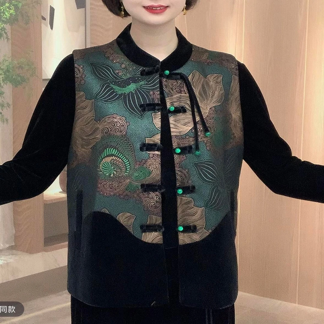 金丝绒拼接印花国风马甲春秋新款妈妈装时尚气质大码无袖坎肩上衣