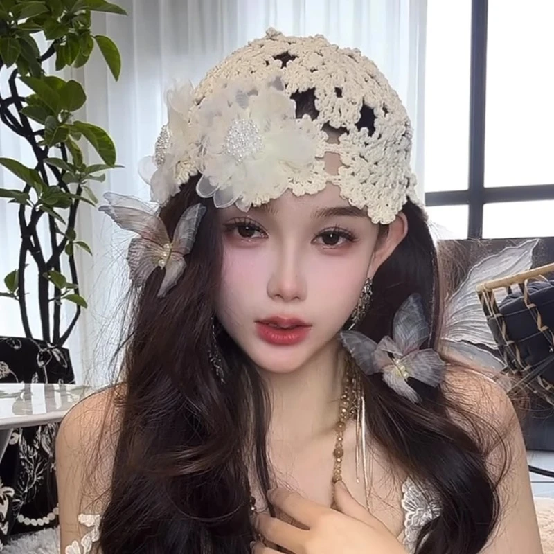 韩系珍珠花朵手工针织包头帽女夏季甜美可爱洋气帽旅游度假拍照帽