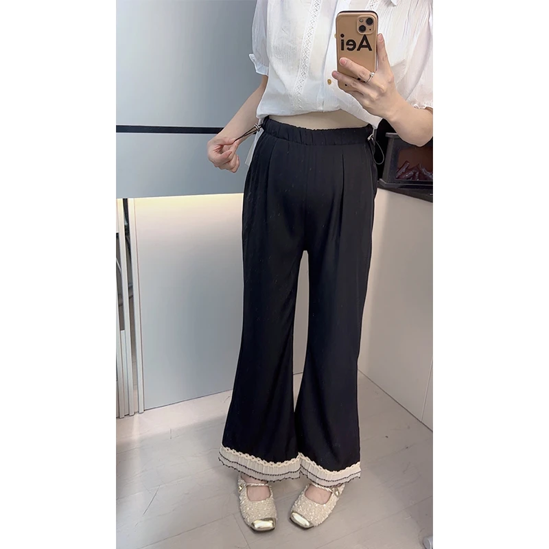 孕妇装裤子春秋季外穿2025新款抽绳无托腹花边孕妇阔腿裤休闲裤子