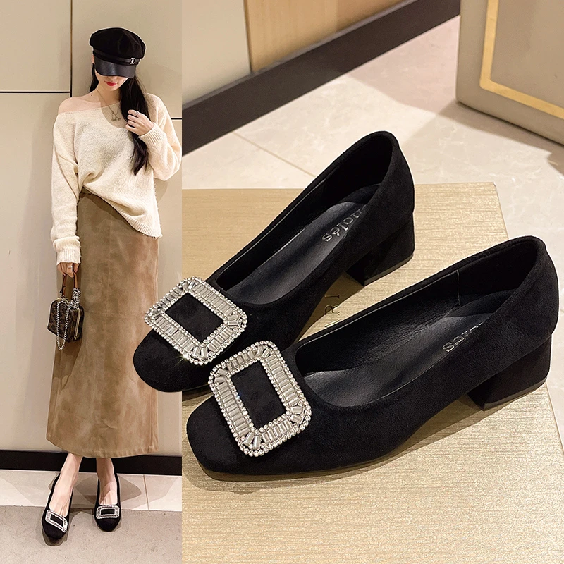 高跟鞋女粗跟玛丽珍女鞋2025新款春季浅口婚鞋法式水钻温柔晚晚鞋