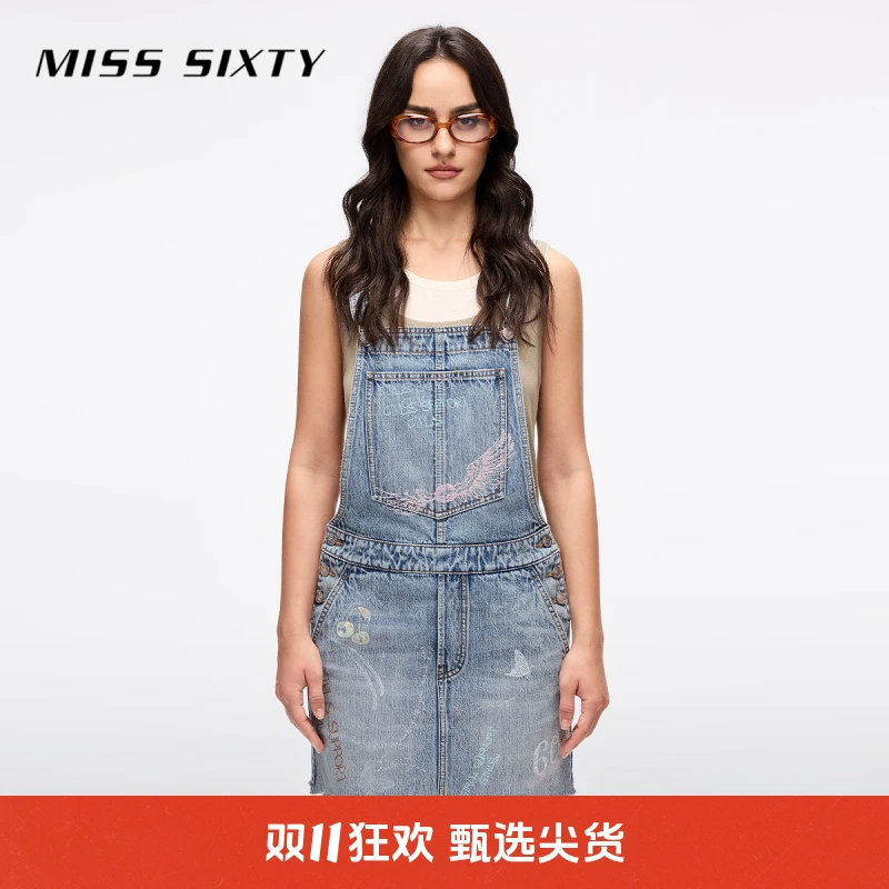 【天使系列】Miss Sixty2025夏季新款背带牛仔连衣裙女涂鸦风钉珠