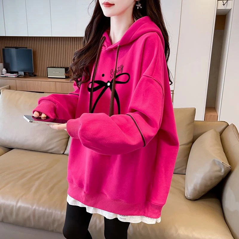 时尚大码假两件设计感连帽卫衣女秋冬款加绒ins潮牌休闲宽松上衣