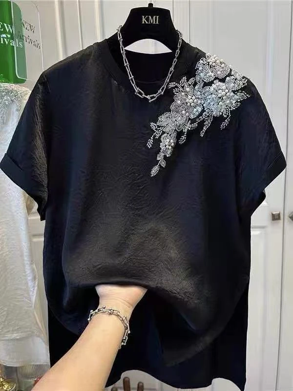 10977情侣高级感黑色圆领钉珠醋酸短袖t恤夏季宽松上衣潮