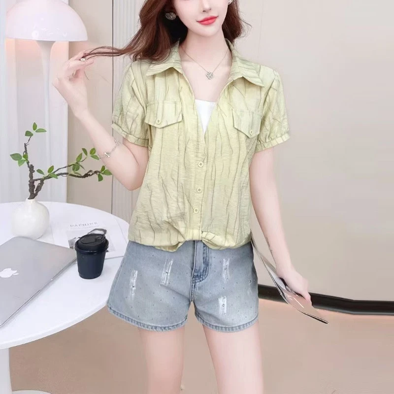 2025夏季新款时髦高级感短袖假两件小衫气质百搭polo印花衬衫上衣