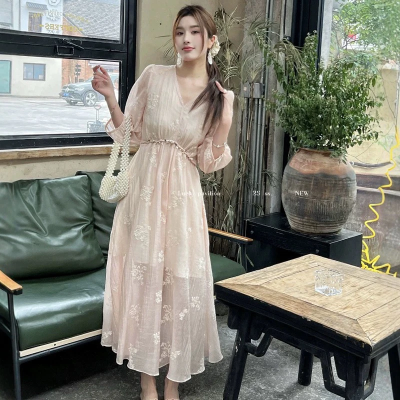 U170-七分袖长袖高腰长裙连衣裙中长款夏季显瘦时尚仙气