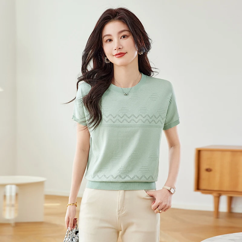 简约休闲短袖t恤时尚百搭镂空冰丝小衫薄款气质显瘦上衣2025新款