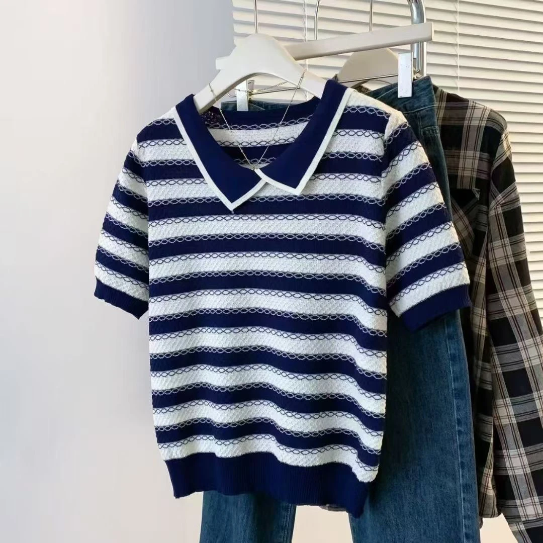 【80-160斤】翻领条纹冰丝短袖T恤女2025夏季百搭显瘦上衣女