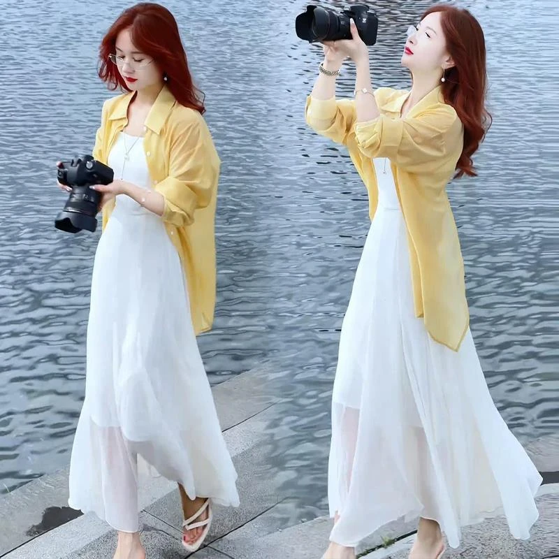 时尚连衣裙女2025夏季新款海边度假风防晒衬衫吊带长裙显瘦两件套