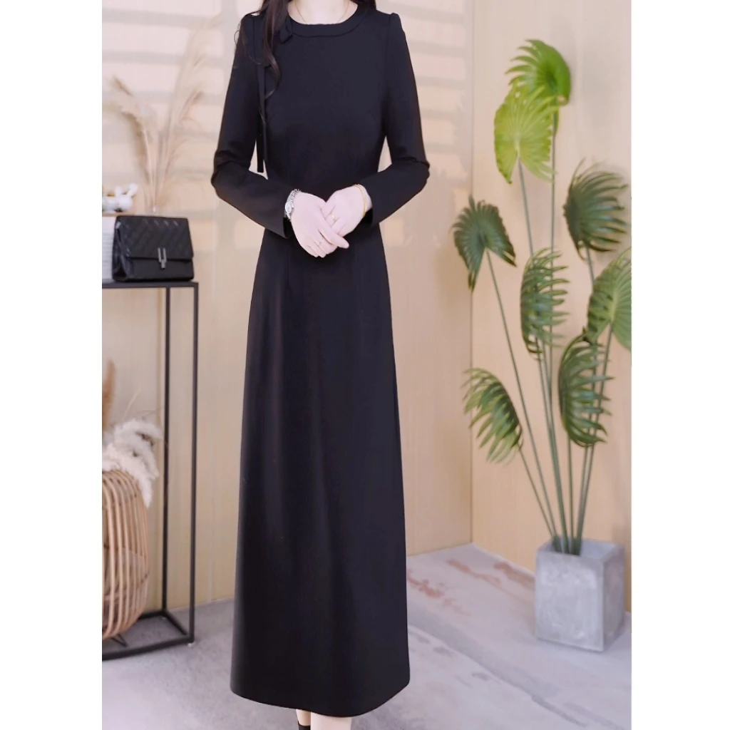 AXY1132#新款圆领轻奢飘带法式简约连衣裙显瘦修身打底A字小黑裙