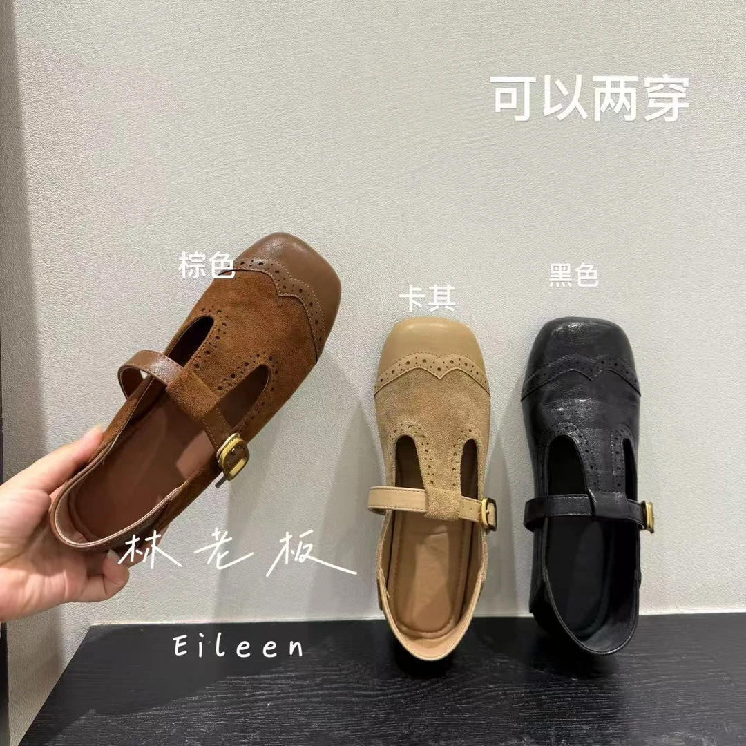 单鞋复古雕花方头浅口平底小皮鞋小众设计法式秋季 9285-10