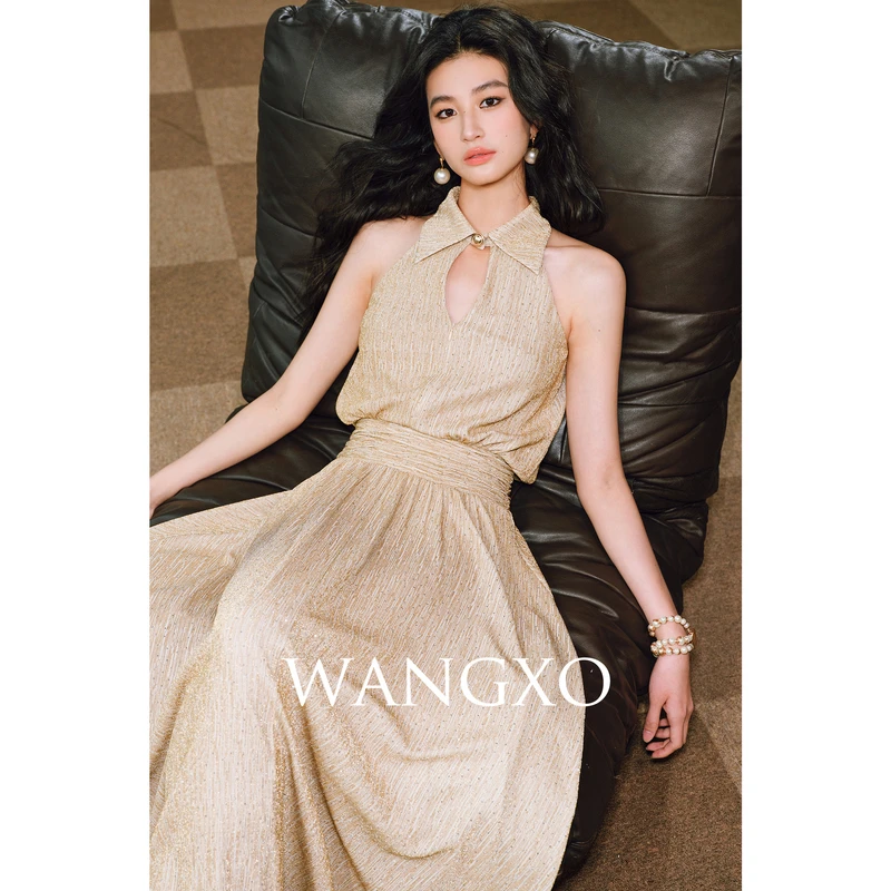 WANGXO  撞色条纹领收腰伞摆显瘦连衣裙   2461766W