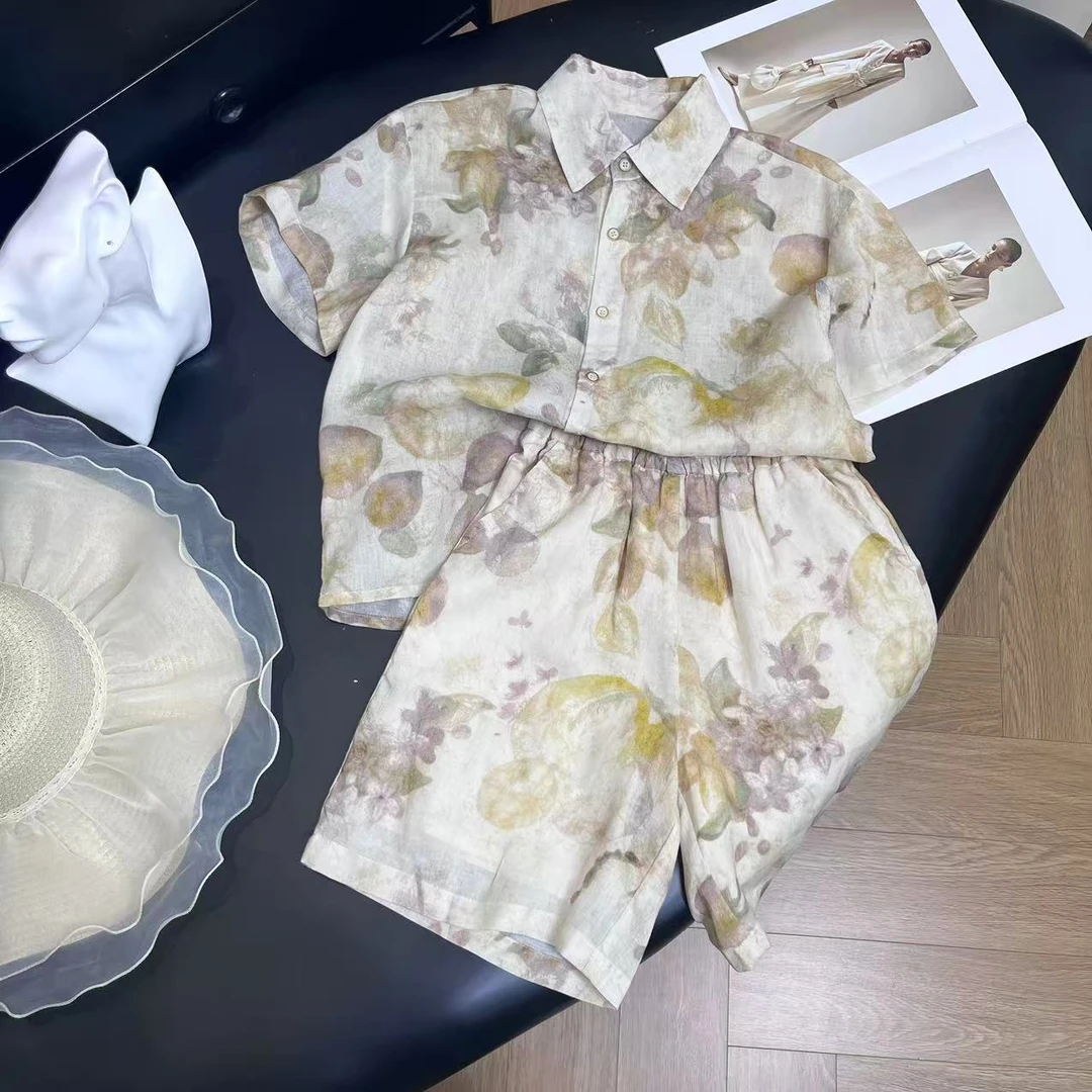 2025年新款儿童痞帅港风花衬衫短裤套装H6294