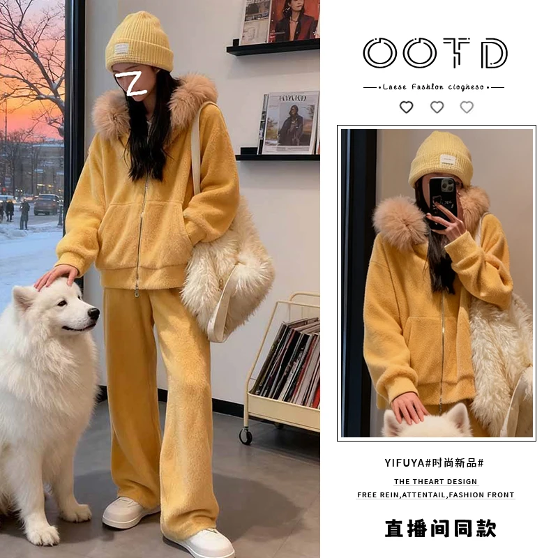 小个子慵懒风时尚套装女2025年秋冬拉链连帽长袖卫衣阔腿裤两件套