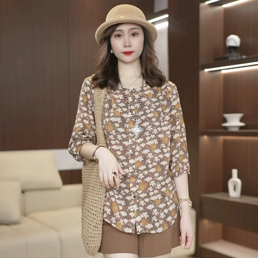 圆领七分袖衬衫女2025夏季新款时尚百搭休闲宽松显瘦大码上衣3123