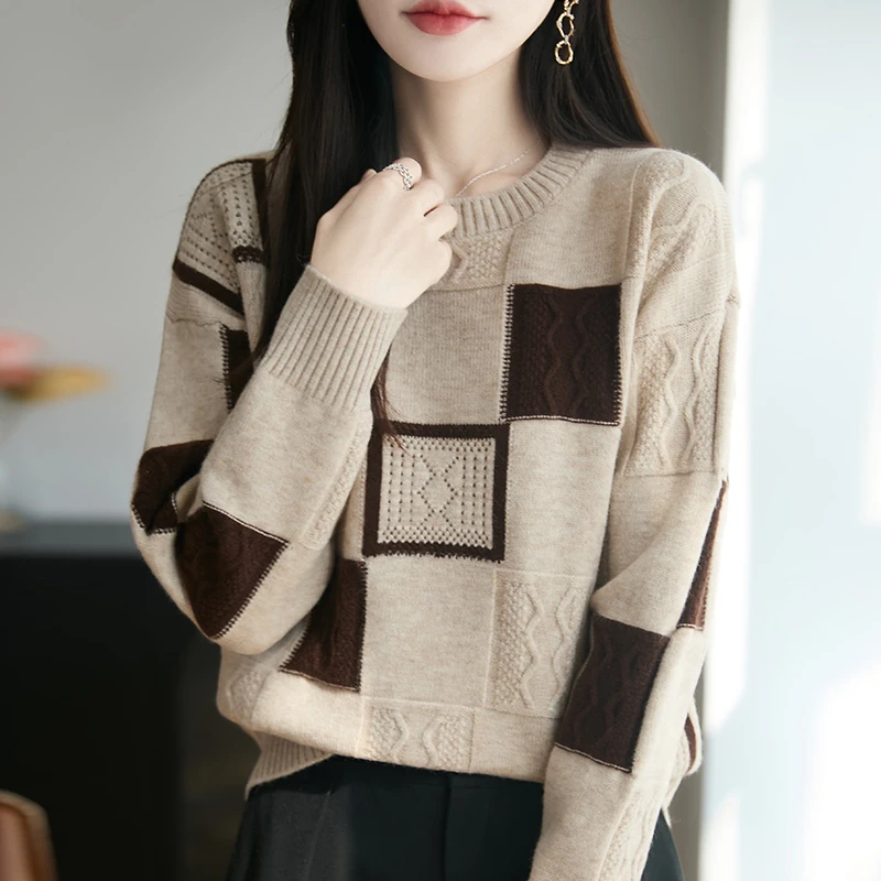 春秋大码圆领针织衫女宽松遮肚子显瘦洋气毛衣内搭秋冬撞色打底衫