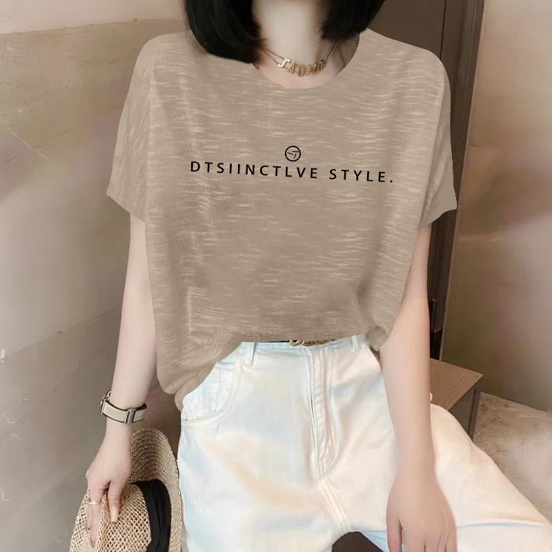夏季2025新款正肩休闲百搭短袖T恤女士宽松显瘦打底衫竹节棉上衣