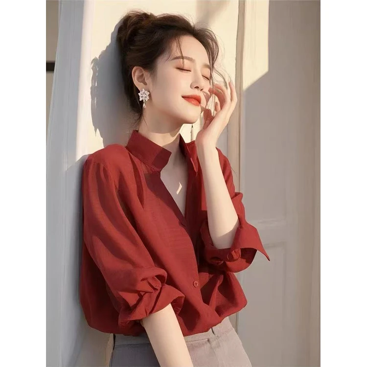 法式独特别致小上衣炸街减龄漂亮小衫设计感小众红色衬衫春季新款