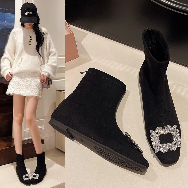 法式小短靴女2025秋冬新款方扣水钻弹力靴低粗跟方头加绒面瘦瘦靴
