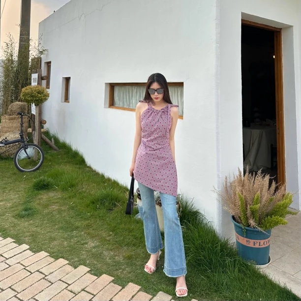 复古红格绑带棉麻连衣裙单穿叠穿明媚活力夏季撞色不规则短裙