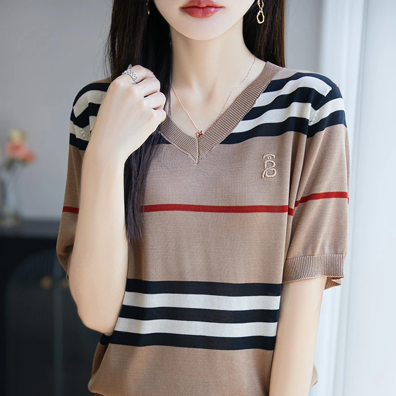 哥弟阿玛施正品莱赛尔2025夏季新款V领条纹针织衫女时尚洋气显瘦