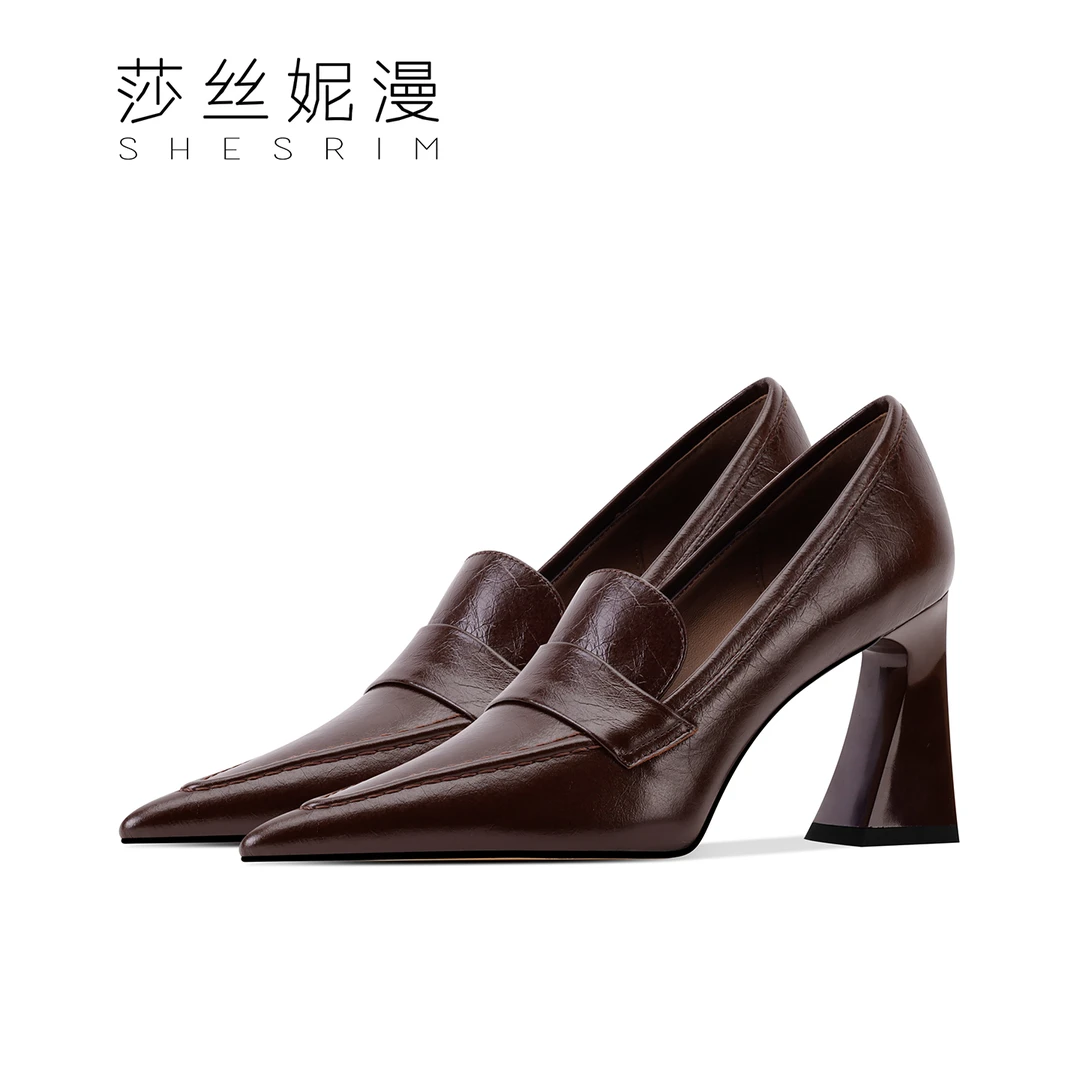 「6/8CM」粗跟单鞋女2025秋季新款真皮尖头不累脚高跟鞋气质单鞋女