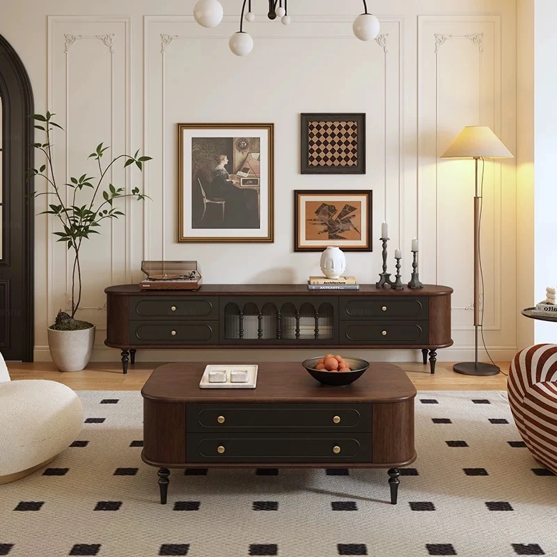 法式复古实木中古电视柜胡桃黑色美式客厅茶几电视机柜组合储物柜