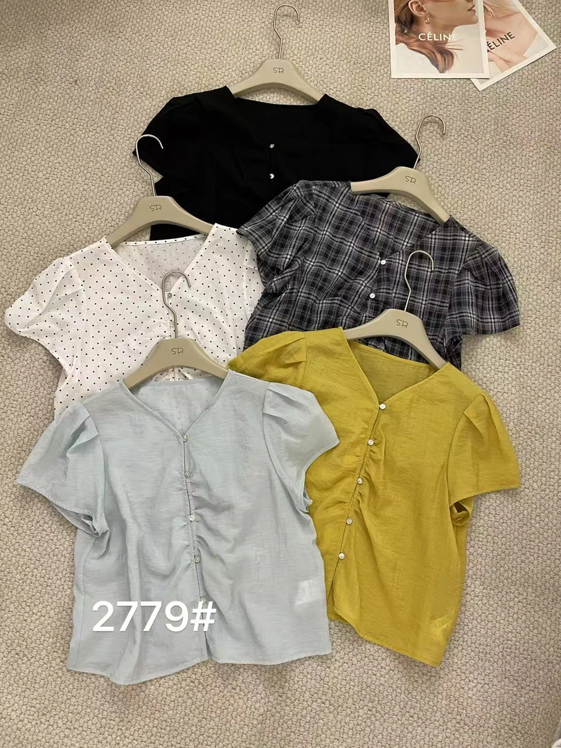 炸款～诗苒亚麻显瘦泡泡袖圆点小衫2779