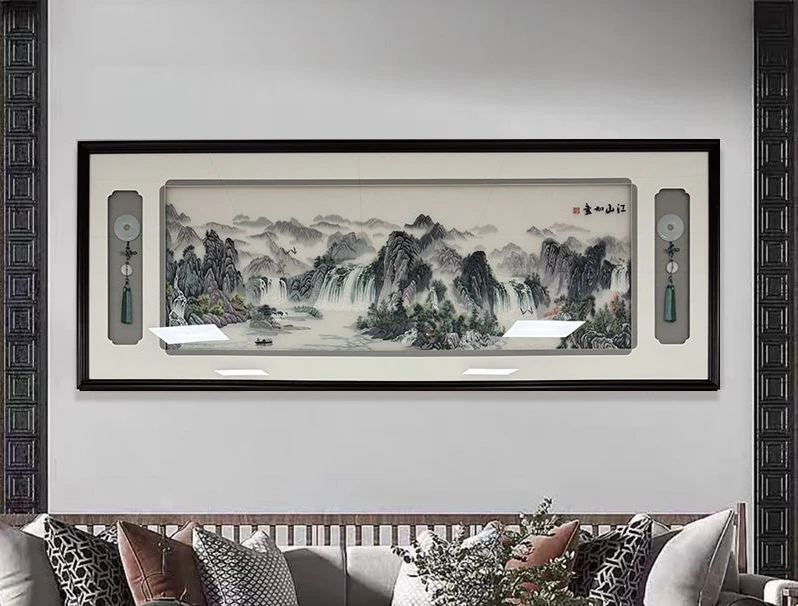 新中式苏绣横幅大匾一体画沙发背景装饰画
