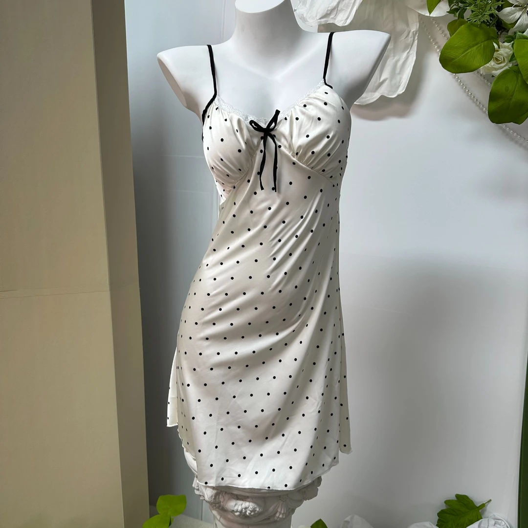 爱梦波点*冰丝睡裙女夏季法式蕾丝吊带睡衣带胸垫可外穿包臀裙女