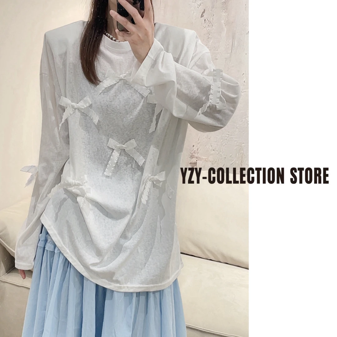 （一只羊）蝴蝶结长袖圆领防晒T恤蕾丝宽松休闲汉元素宽松型